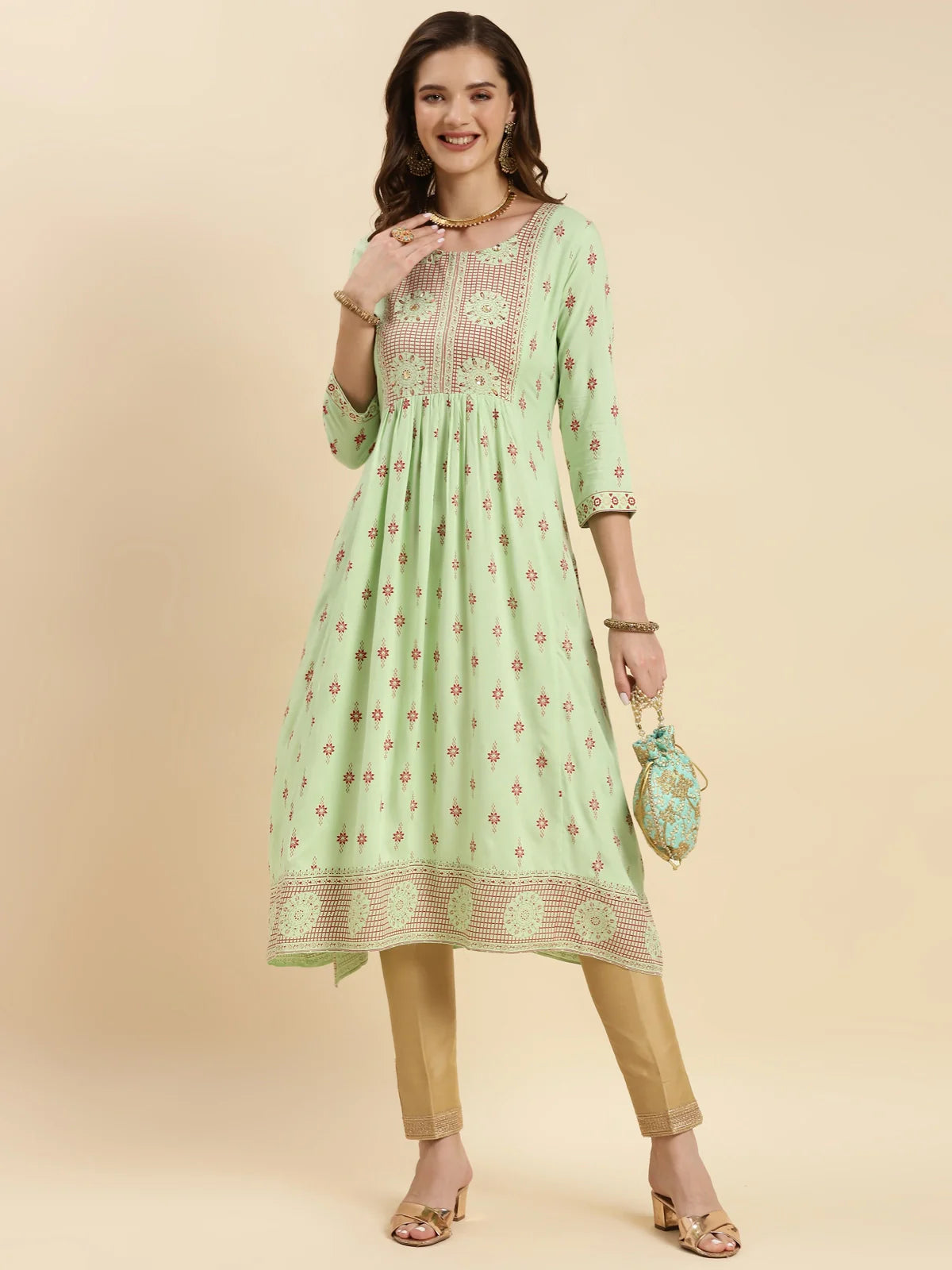 Buy Rayon Embroidered Calf Length Flared Kurta-Mint Green