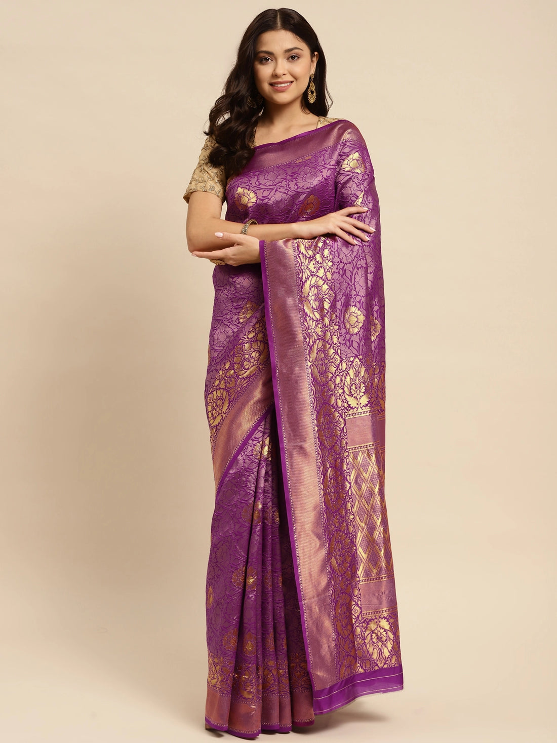 Buy Banarasi Silk Jacquard Saree With Blouse Piece-Purple