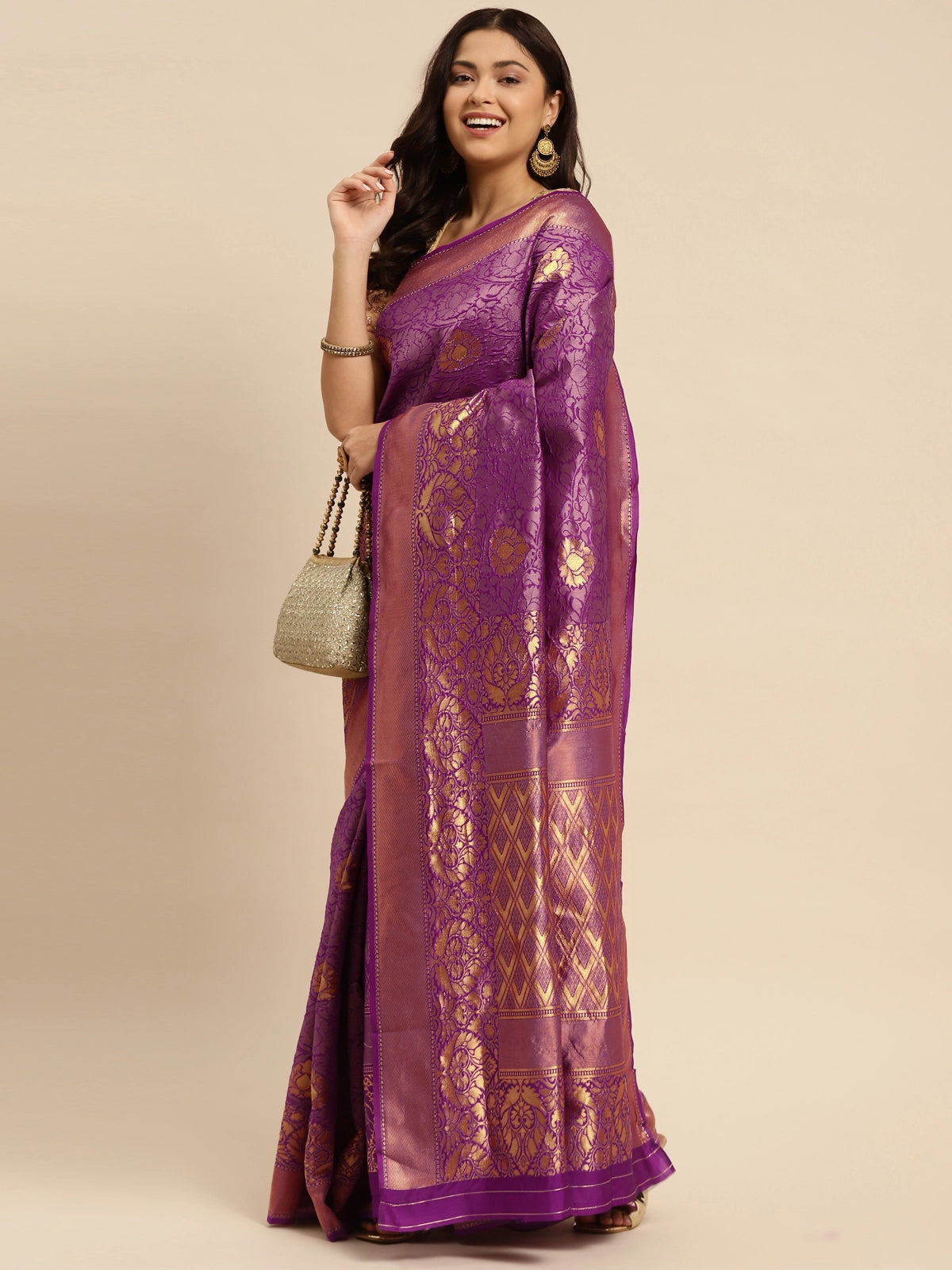 Buy Banarasi Silk Jacquard Saree With Blouse Piece-Purple