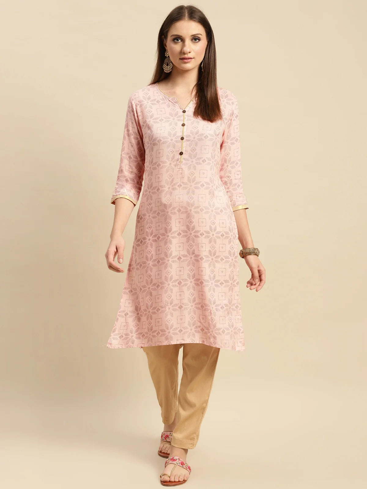 Buy Rayon Floral Printed Contrast Placket Knee Length Straight Kurta-Peach