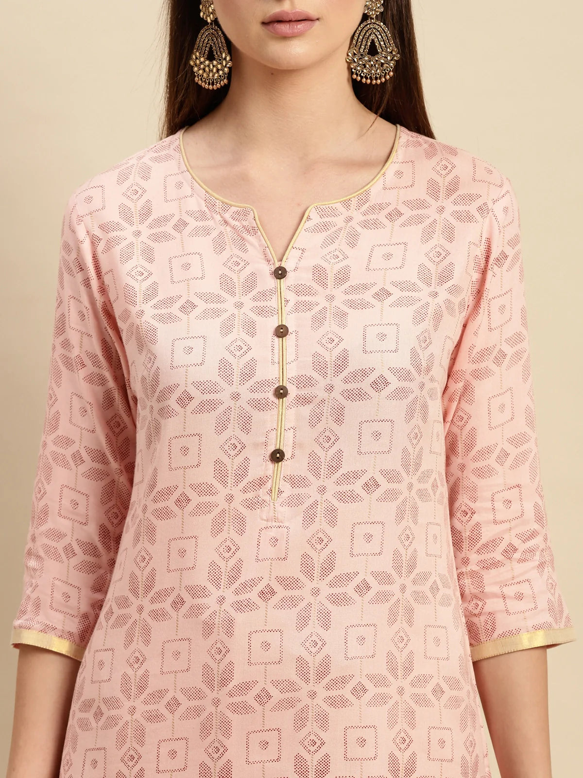 Buy Rayon Floral Printed Contrast Placket Knee Length Straight Kurta-Peach