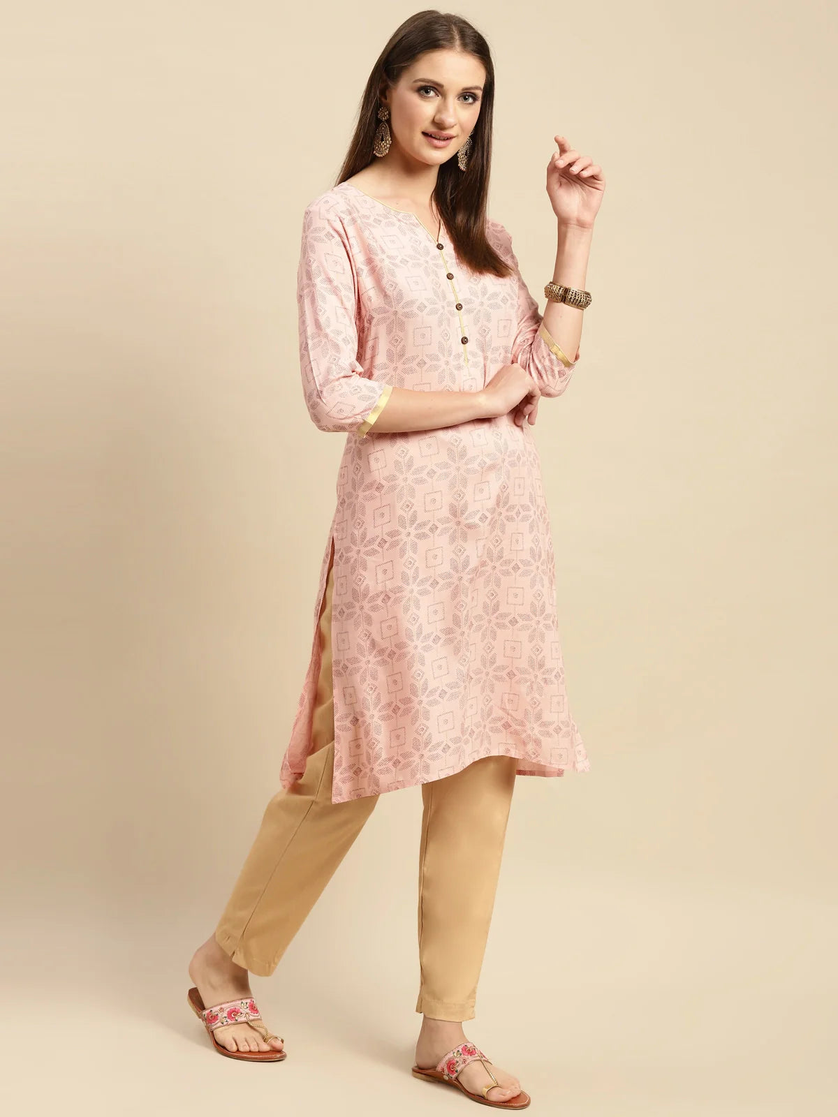 Buy Rayon Floral Printed Contrast Placket Knee Length Straight Kurta-Peach