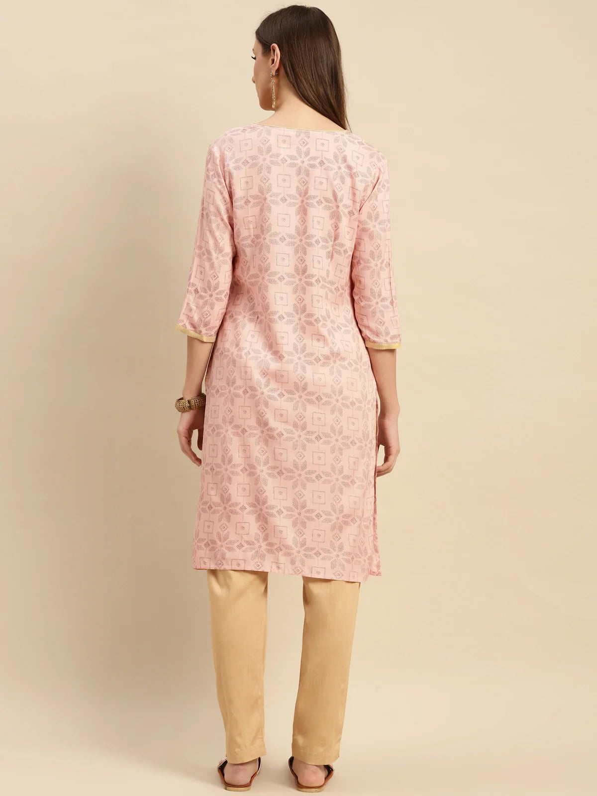 Buy Rayon Floral Printed Contrast Placket Knee Length Straight Kurta-Peach