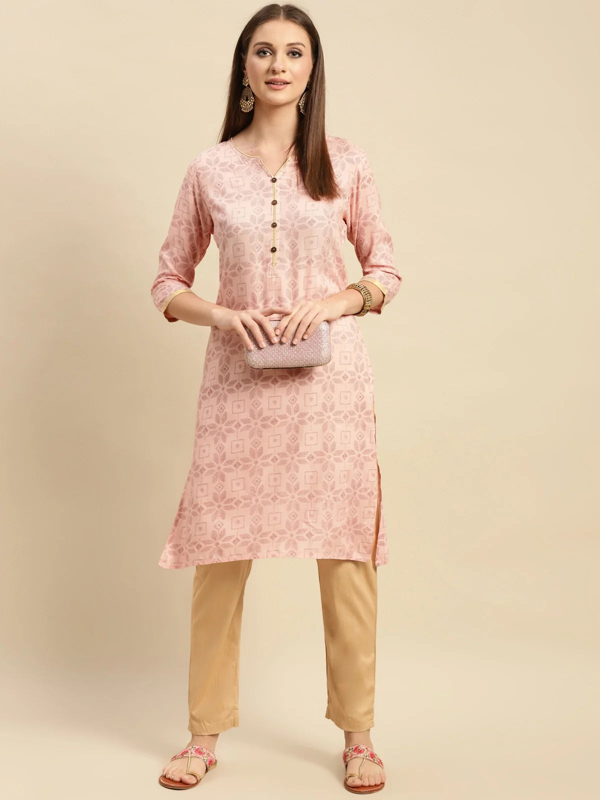 Buy Rayon Floral Printed Contrast Placket Knee Length Straight Kurta-Peach