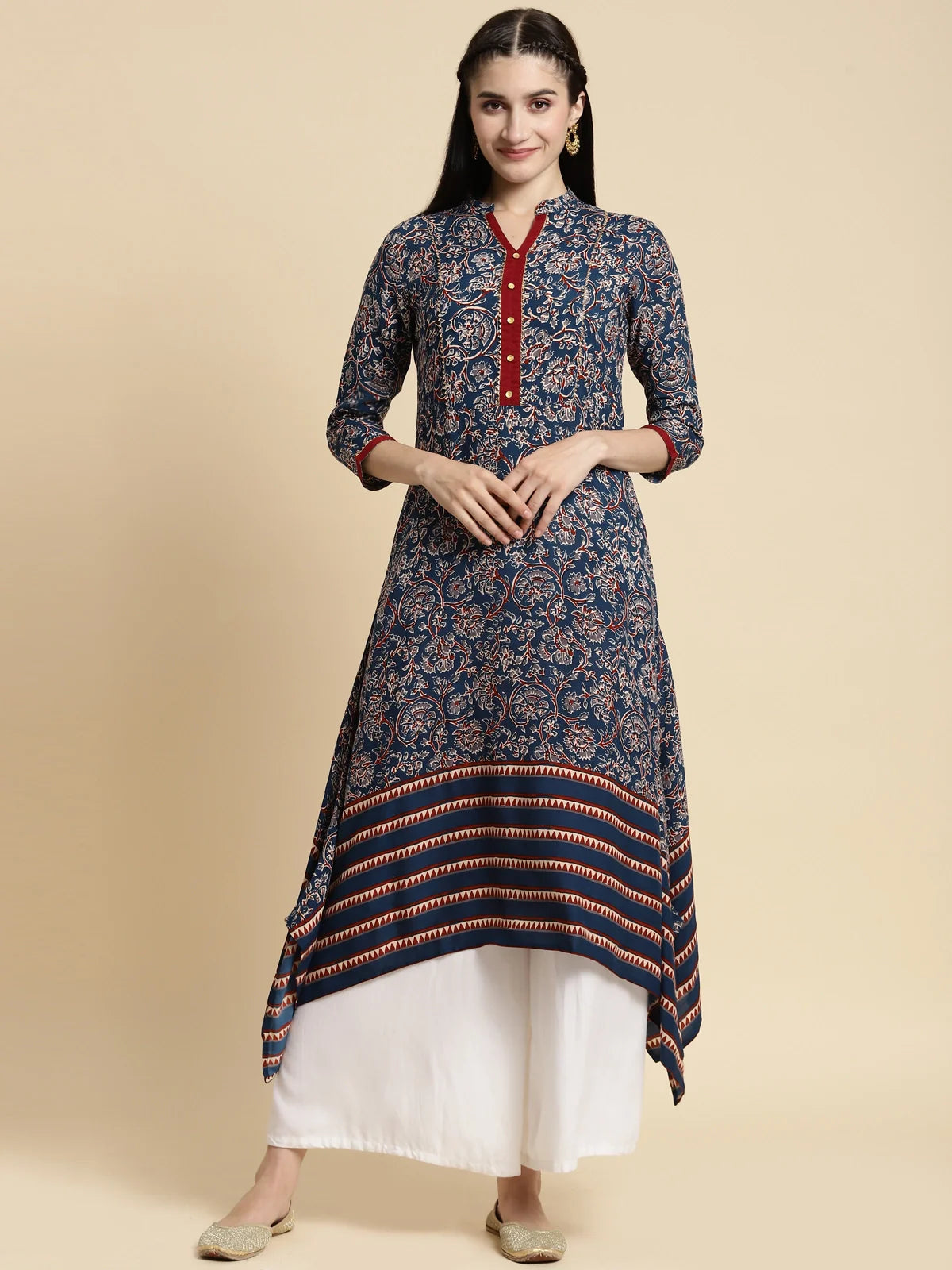 Buy Rayon Floral Printed Contrast Placket Calf Length Asymmetrical Kurta-Navy Blue