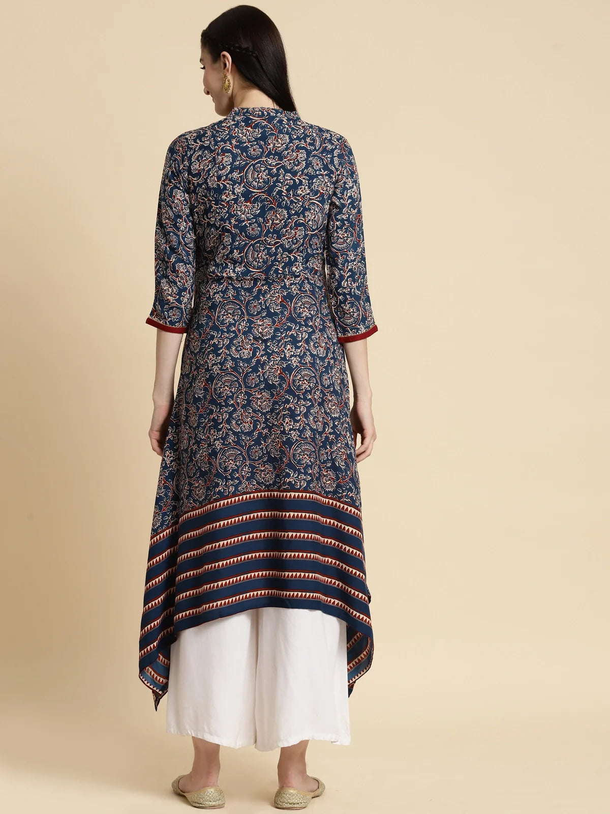 Buy Rayon Floral Printed Contrast Placket Calf Length Asymmetrical Kurta-Navy Blue