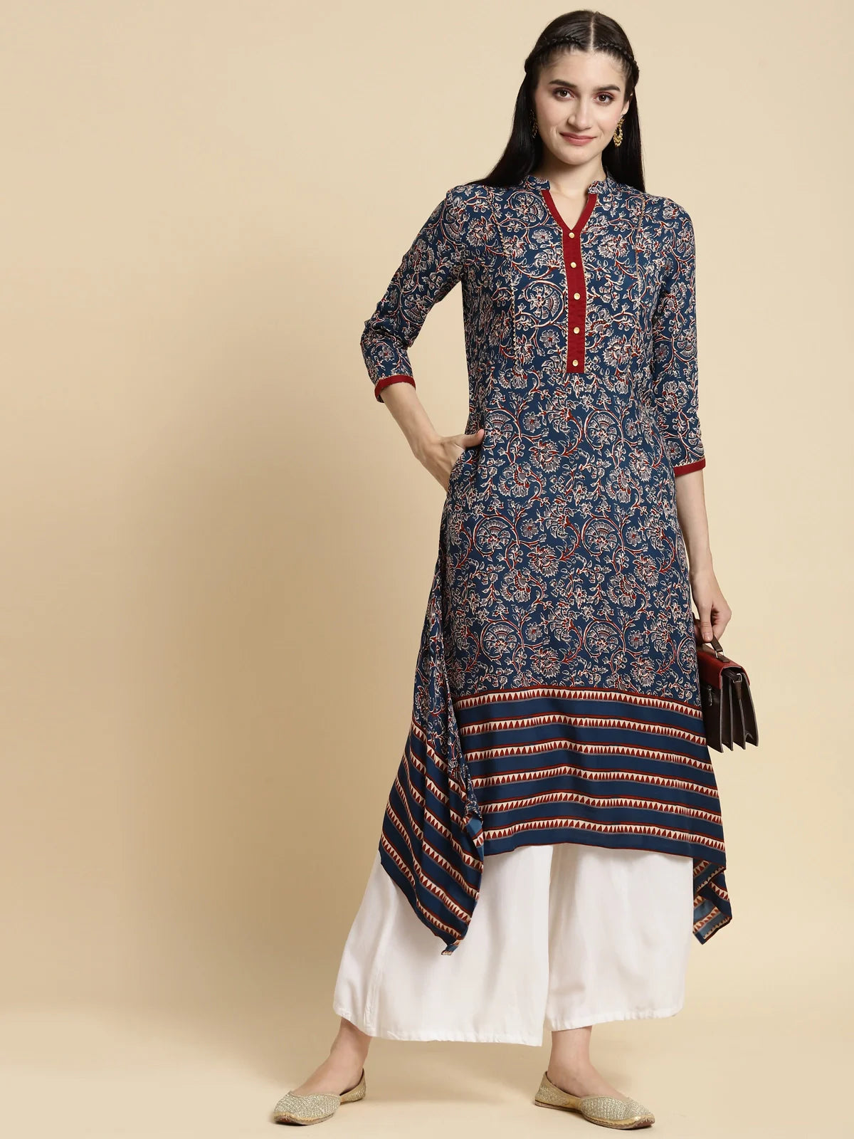 Buy Rayon Floral Printed Contrast Placket Calf Length Asymmetrical Kurta-Navy Blue