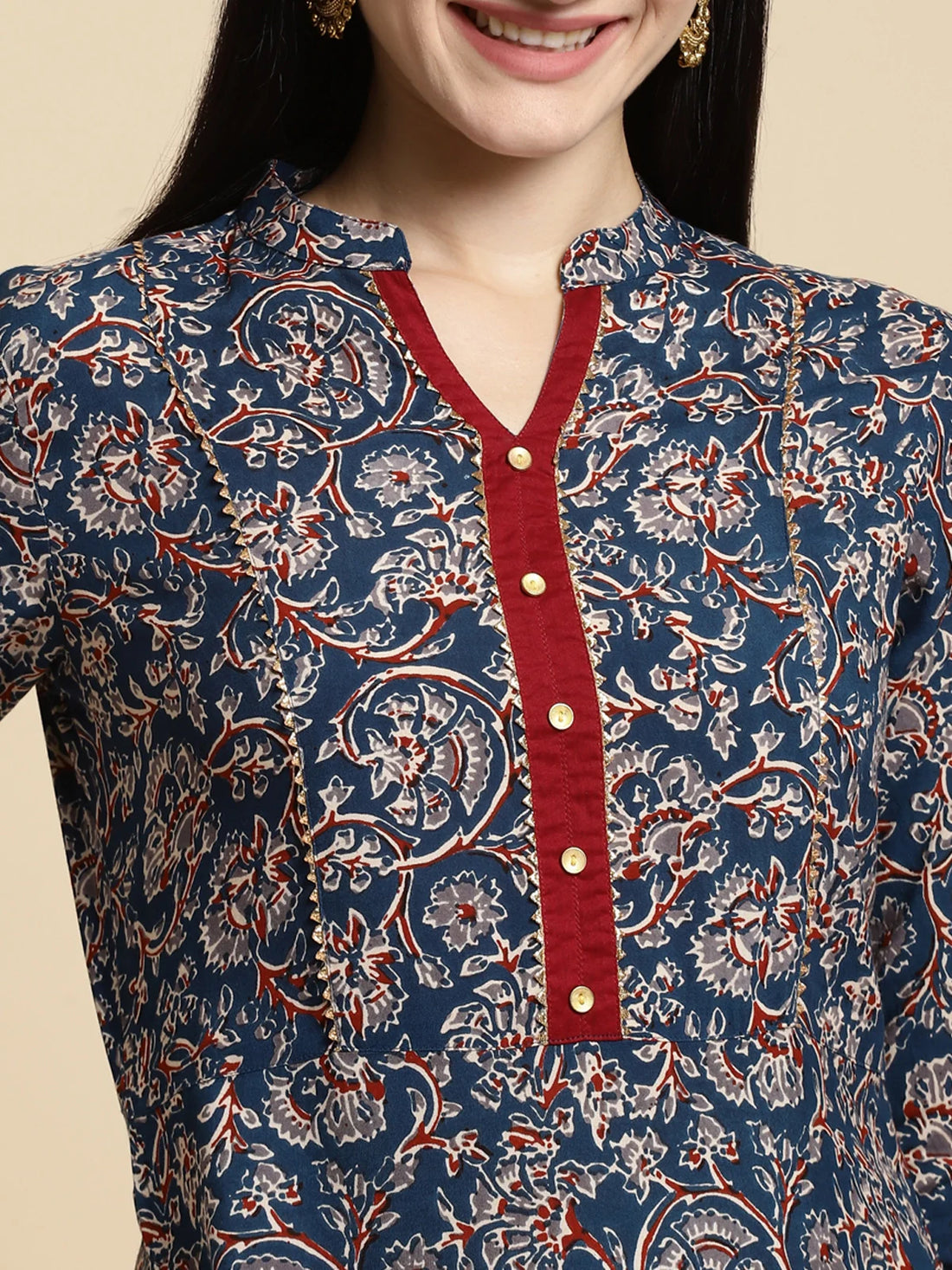 Buy Rayon Floral Printed Contrast Placket Calf Length Asymmetrical Kurta-Navy Blue