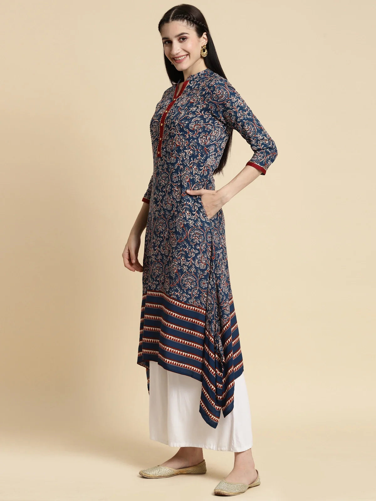 Buy Rayon Floral Printed Contrast Placket Calf Length Asymmetrical Kurta-Navy Blue