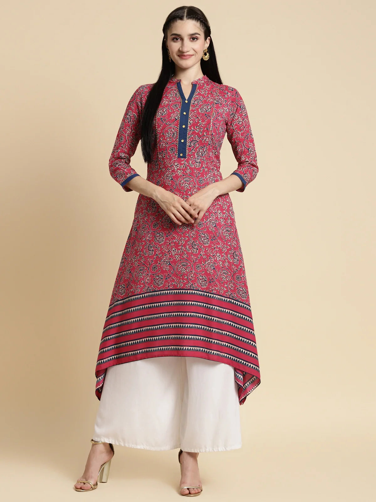 Buy Rayon Floral Printed Contrast Placket Calf Length Asymmetrical Kurta-Navy Blue