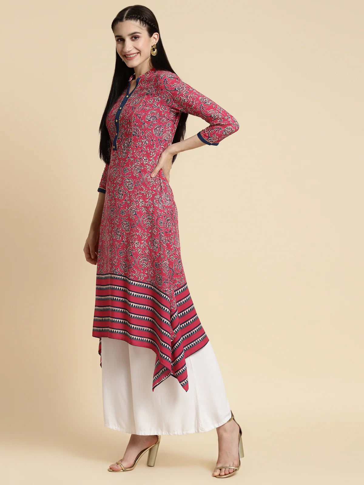 Buy Rayon Floral Printed Contrast Placket Calf Length Asymmetrical Kurta-Pink