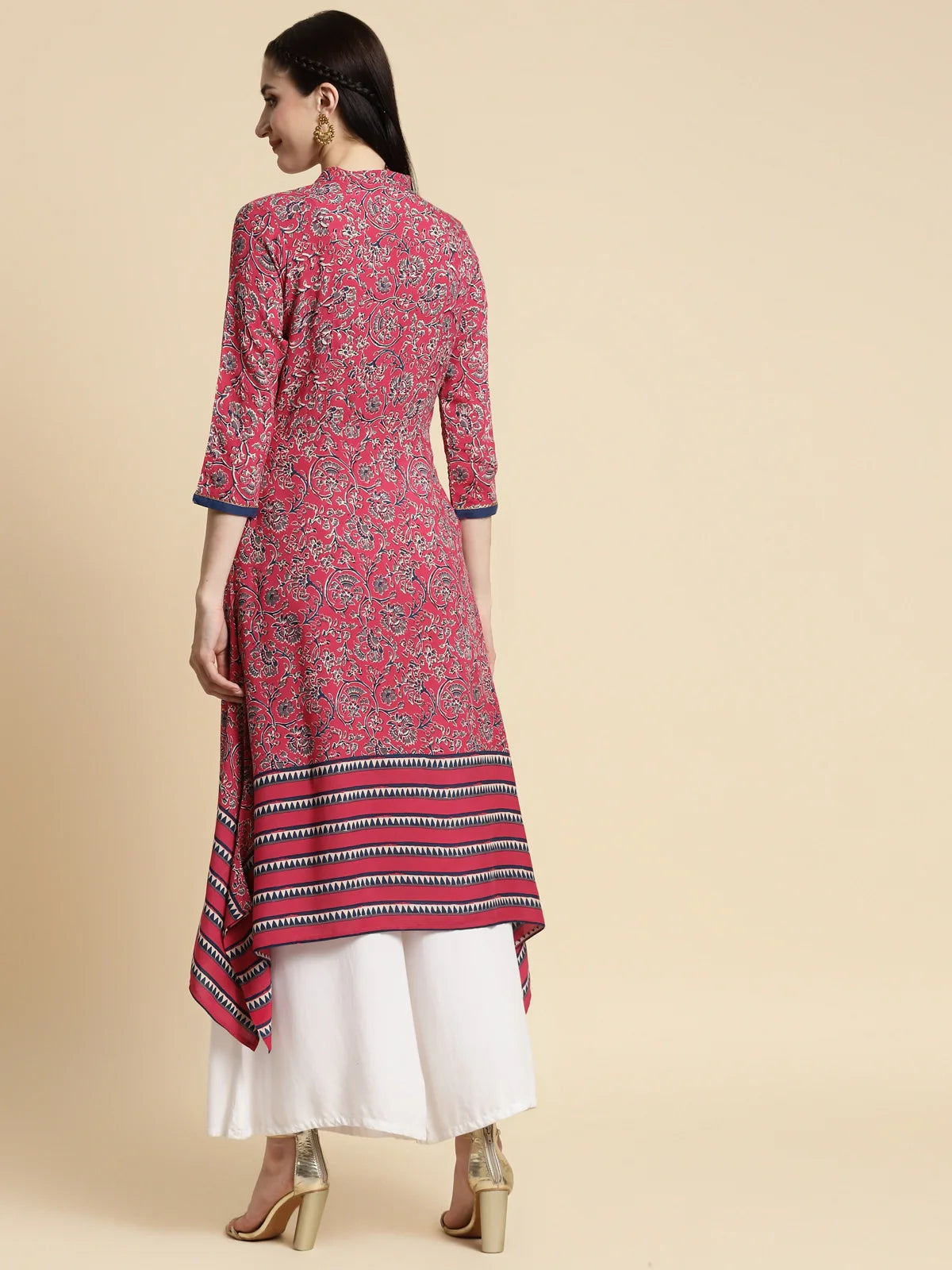 Buy Rayon Floral Printed Contrast Placket Calf Length Asymmetrical Kurta-Pink