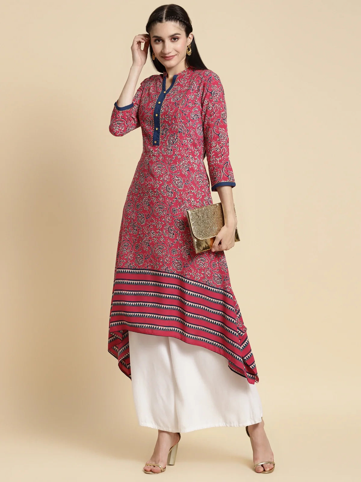 Buy Rayon Floral Printed Contrast Placket Calf Length Asymmetrical Kurta-Pink