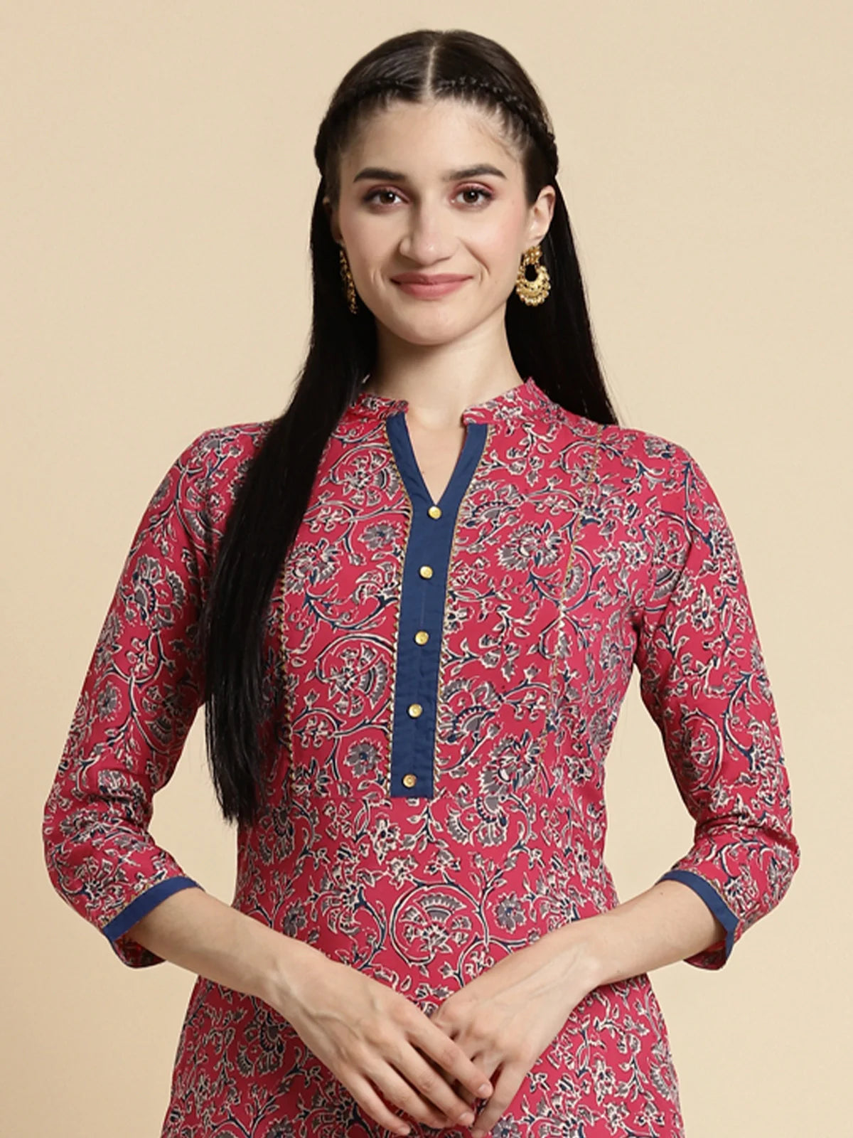 Buy Rayon Floral Printed Contrast Placket Calf Length Asymmetrical Kurta-Navy Blue