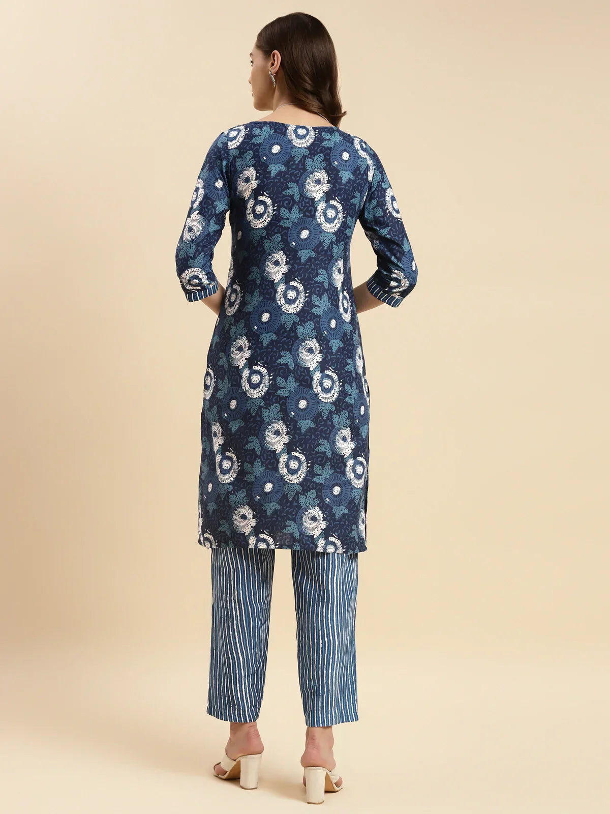 Buy Cotton Printed Knee Length Straight Kurta With Pant-Indigo