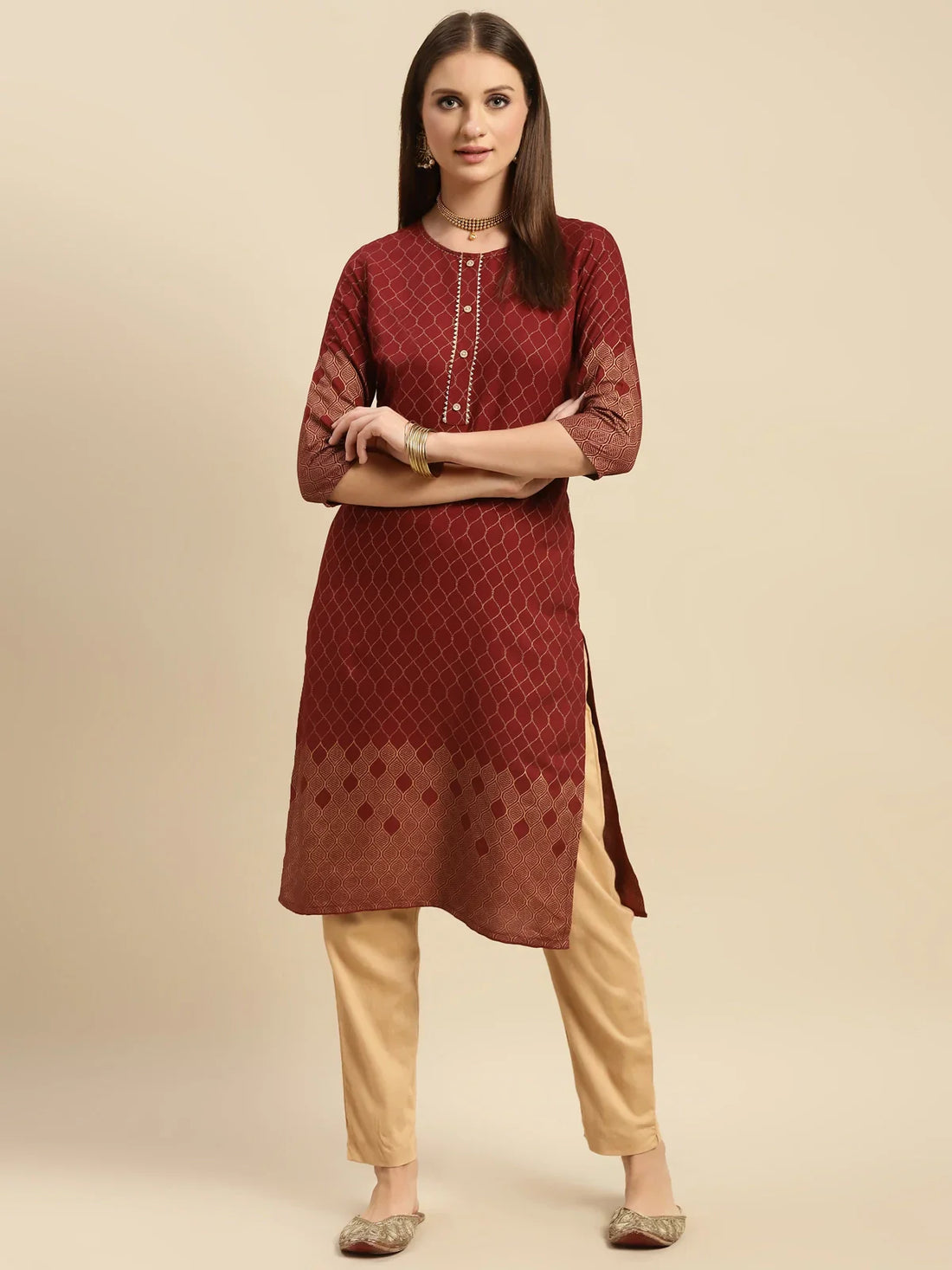 Buy Rayon Ethnic Gold Printed Knee Length Straight Kurta With Pant-Maroon