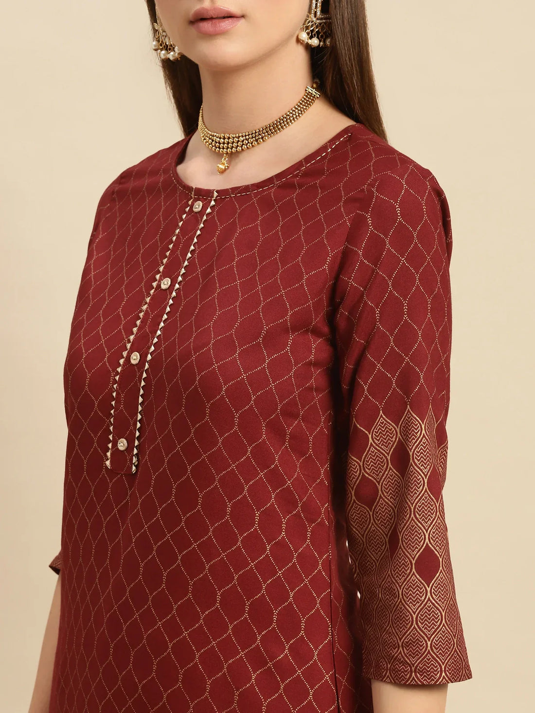 Buy Rayon Ethnic Gold Printed Knee Length Straight Kurta With Pant-Maroon