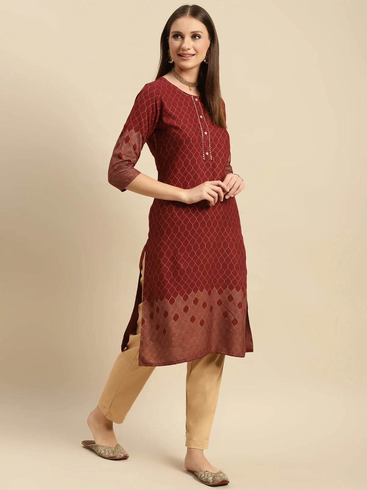 Buy Rayon Ethnic Gold Printed Knee Length Straight Kurta With Pant-Maroon