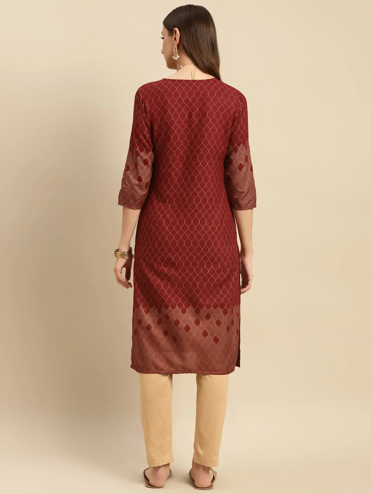 Buy Rayon Ethnic Gold Printed Knee Length Straight Kurta With Pant-Maroon