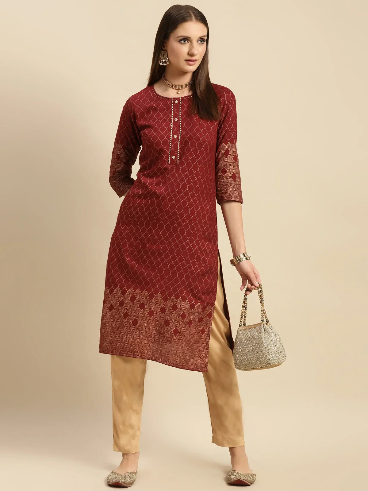 Buy Rayon Ethnic Gold Printed Knee Length Straight Kurta With Pant-Maroon