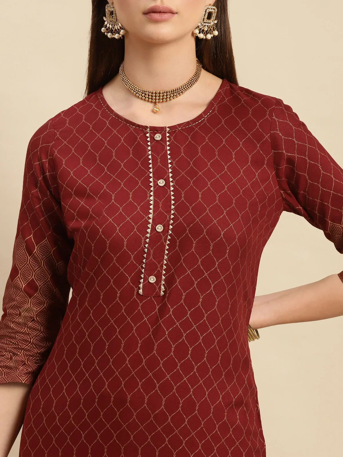 Buy Rayon Ethnic Gold Printed Knee Length Straight Kurta With Pant-Maroon