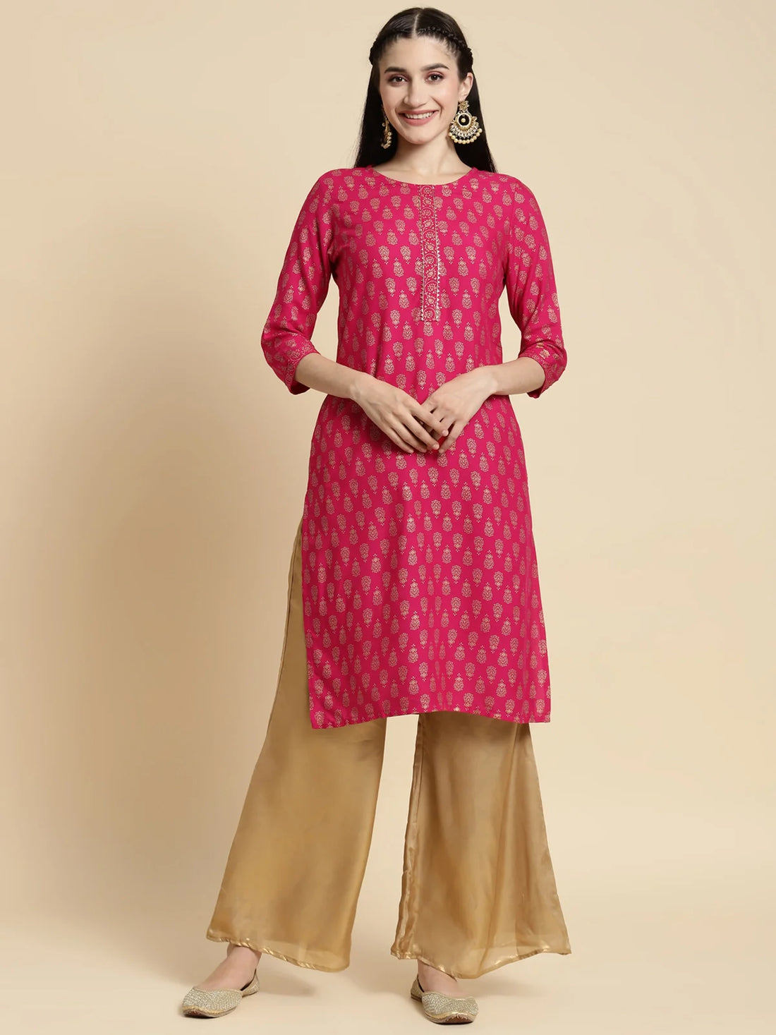 Buy Rayon Gold Printed Knee Length Straight Kurta-Pink