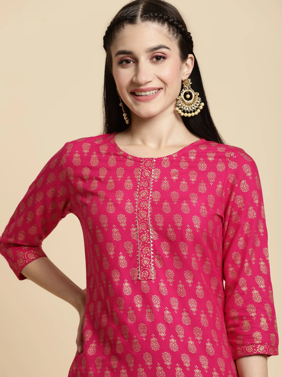 Buy Rayon Gold Printed Knee Length Straight Kurta-Pink