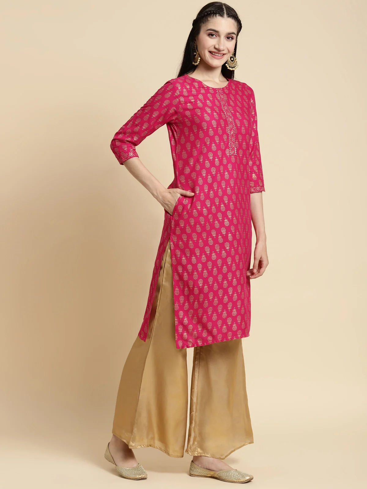 Buy Rayon Gold Printed Knee Length Straight Kurta-Pink