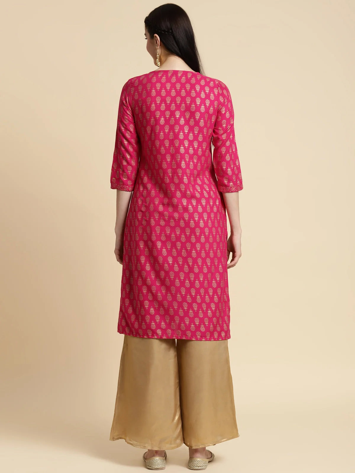 Buy Rayon Gold Printed Knee Length Straight Kurta-Pink