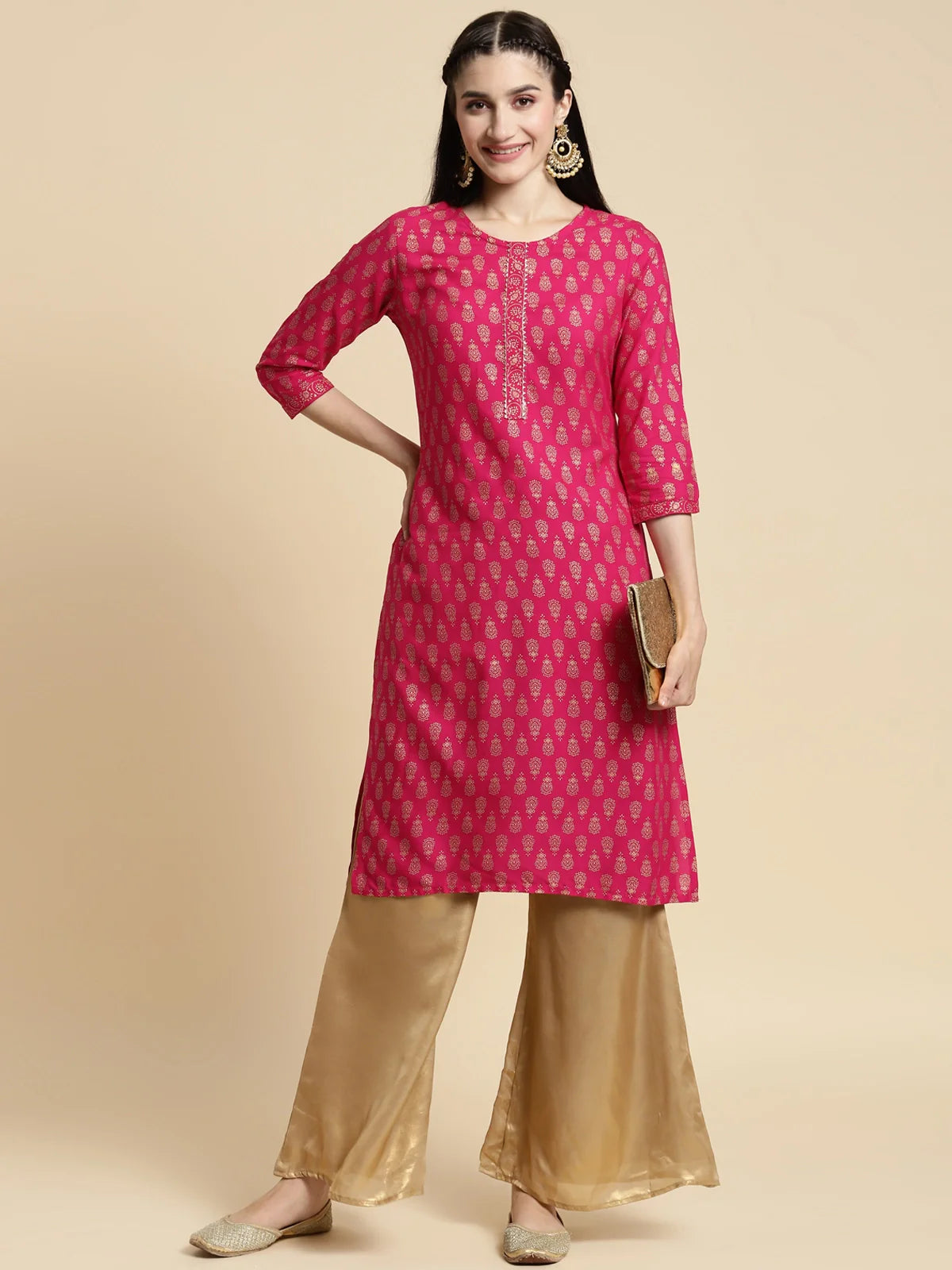 Buy Rayon Gold Printed Knee Length Straight Kurta-Pink