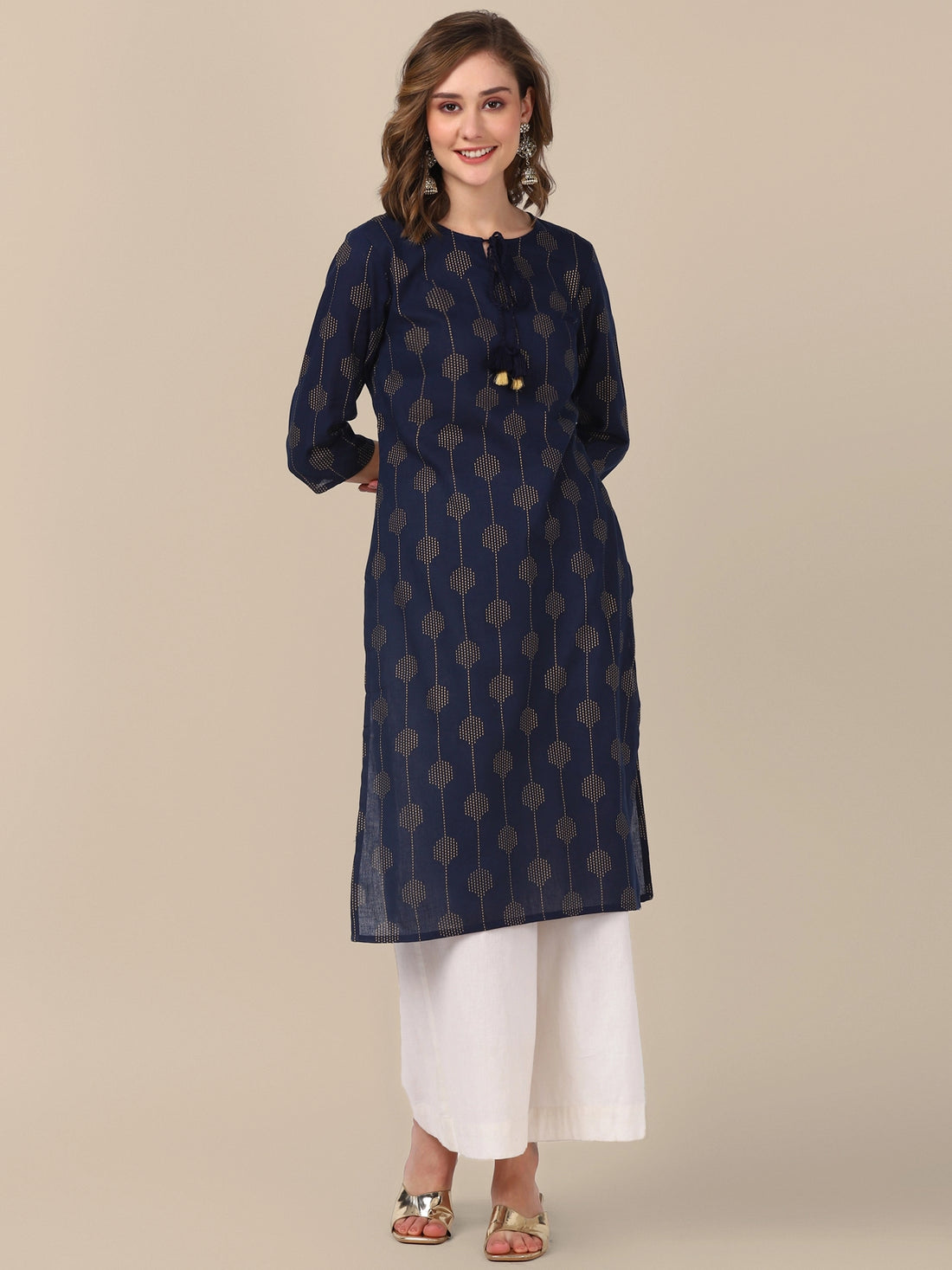 Buy 100% Cotton All Over Gold Printed Calf Length Straight Kurta-Navy Blue