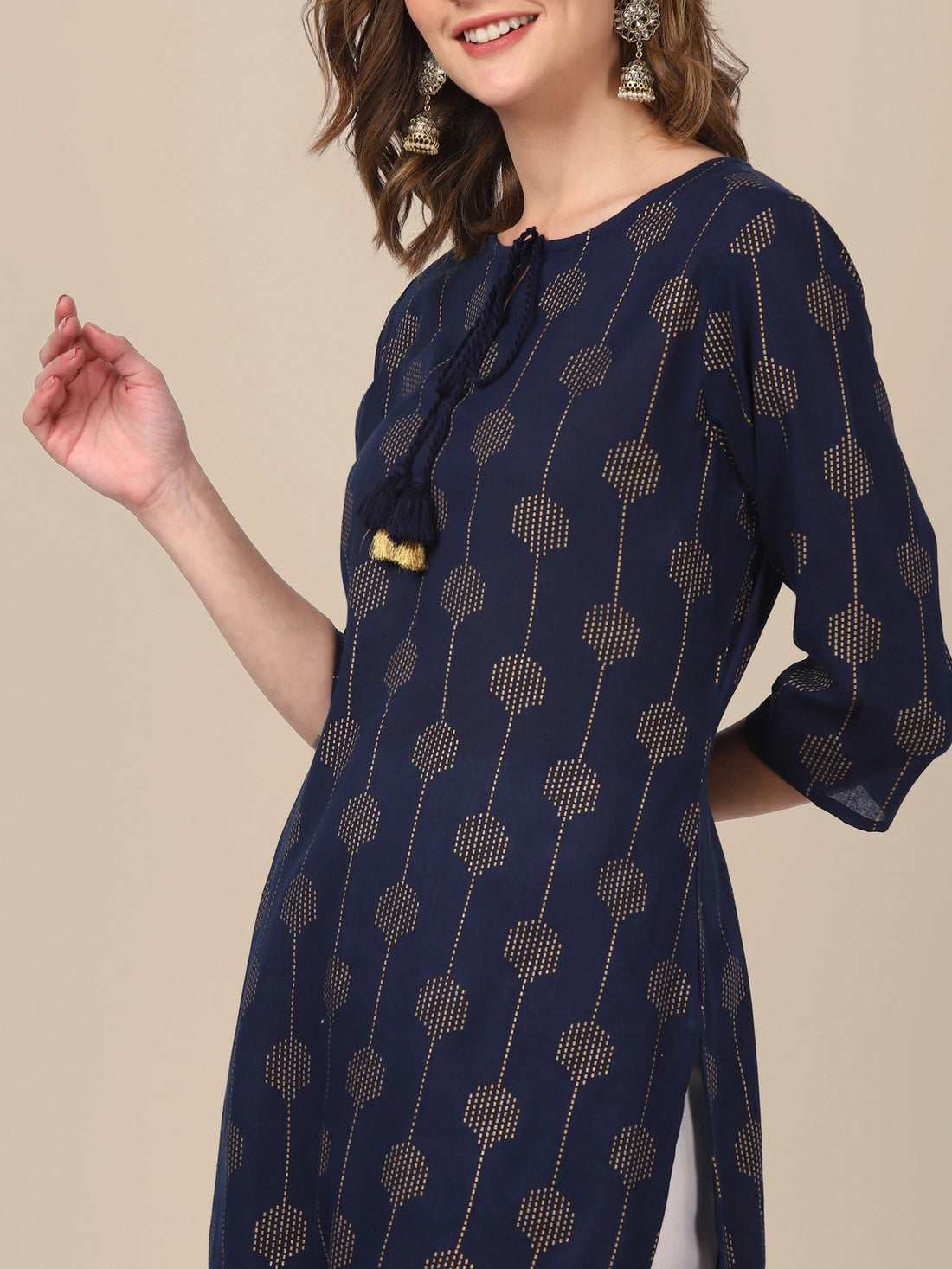 Buy 100% Cotton All Over Gold Printed Calf Length Straight Kurta-Navy Blue