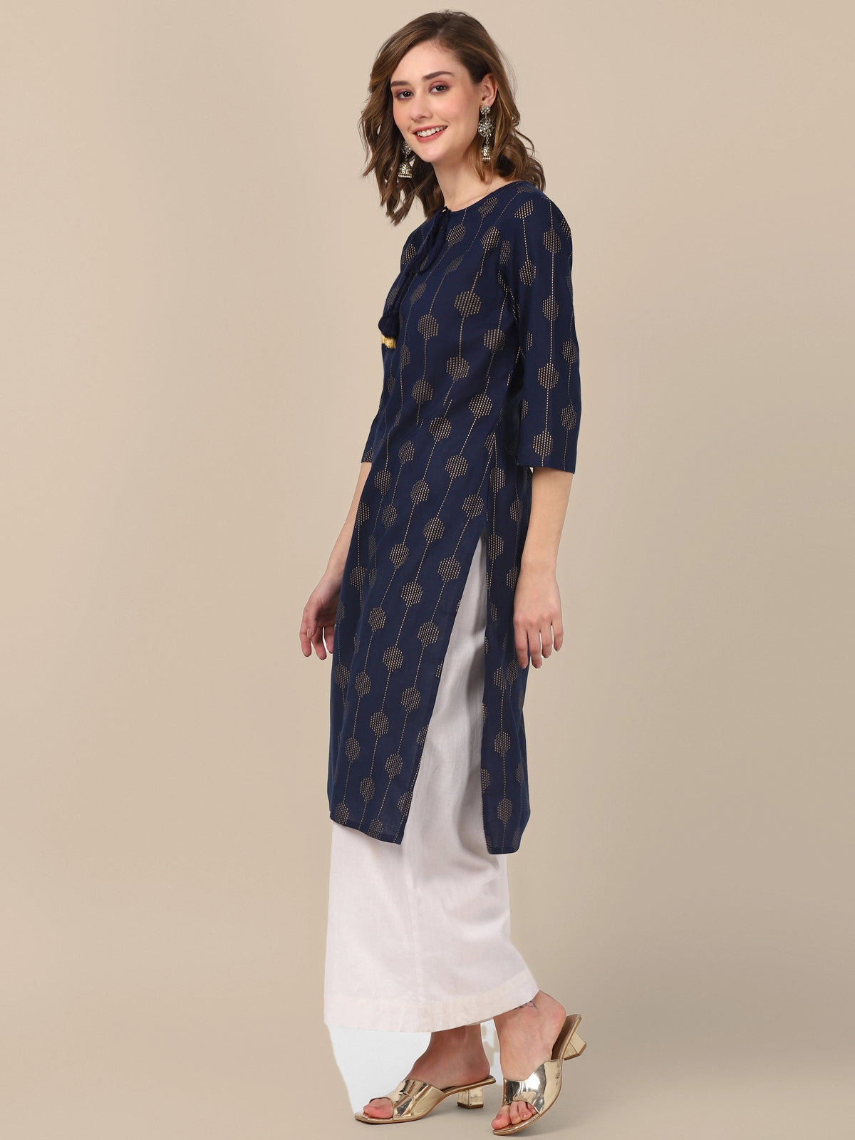 Buy 100% Cotton All Over Gold Printed Calf Length Straight Kurta-Navy Blue