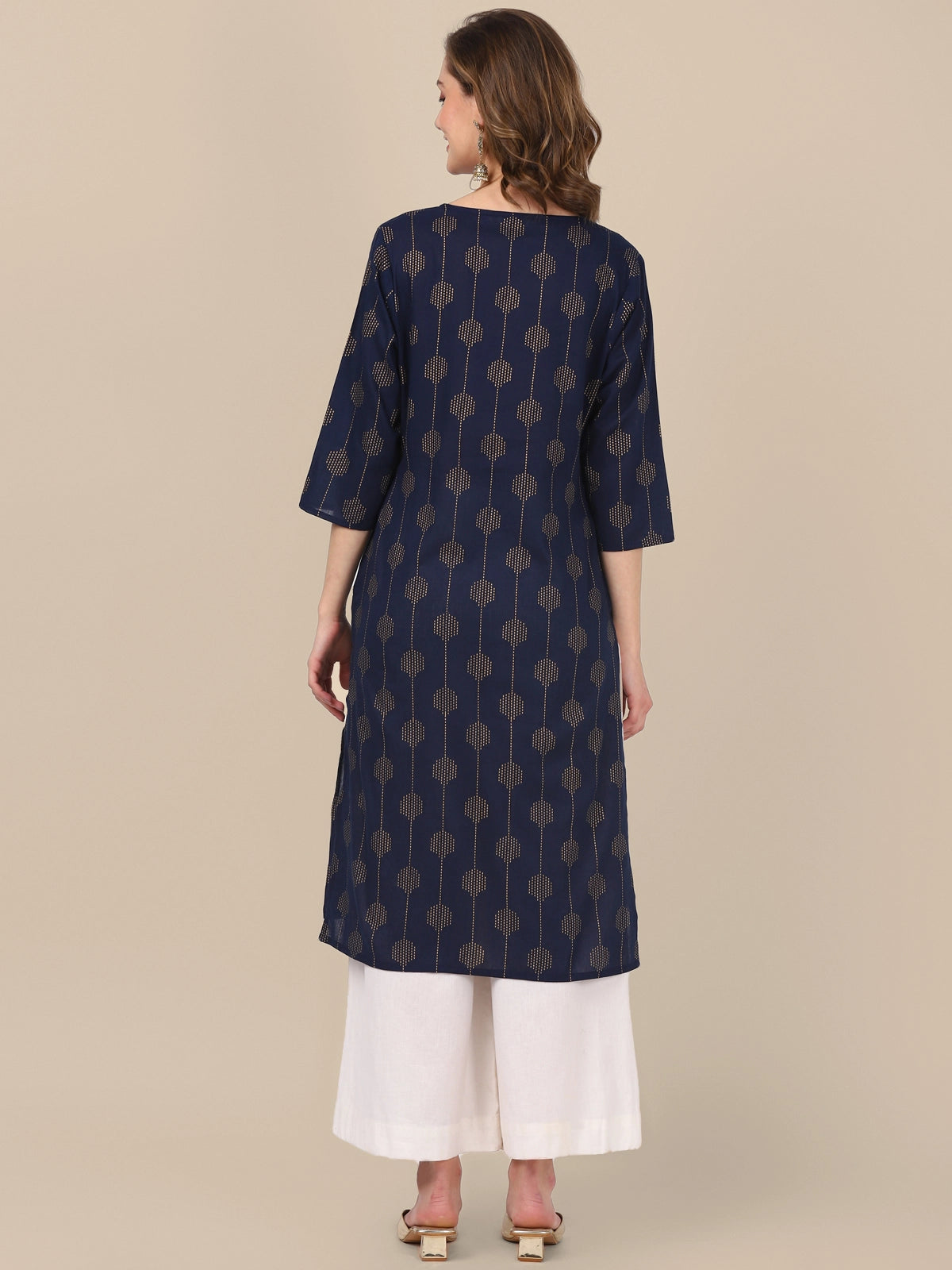 Buy 100% Cotton All Over Gold Printed Calf Length Straight Kurta-Navy Blue