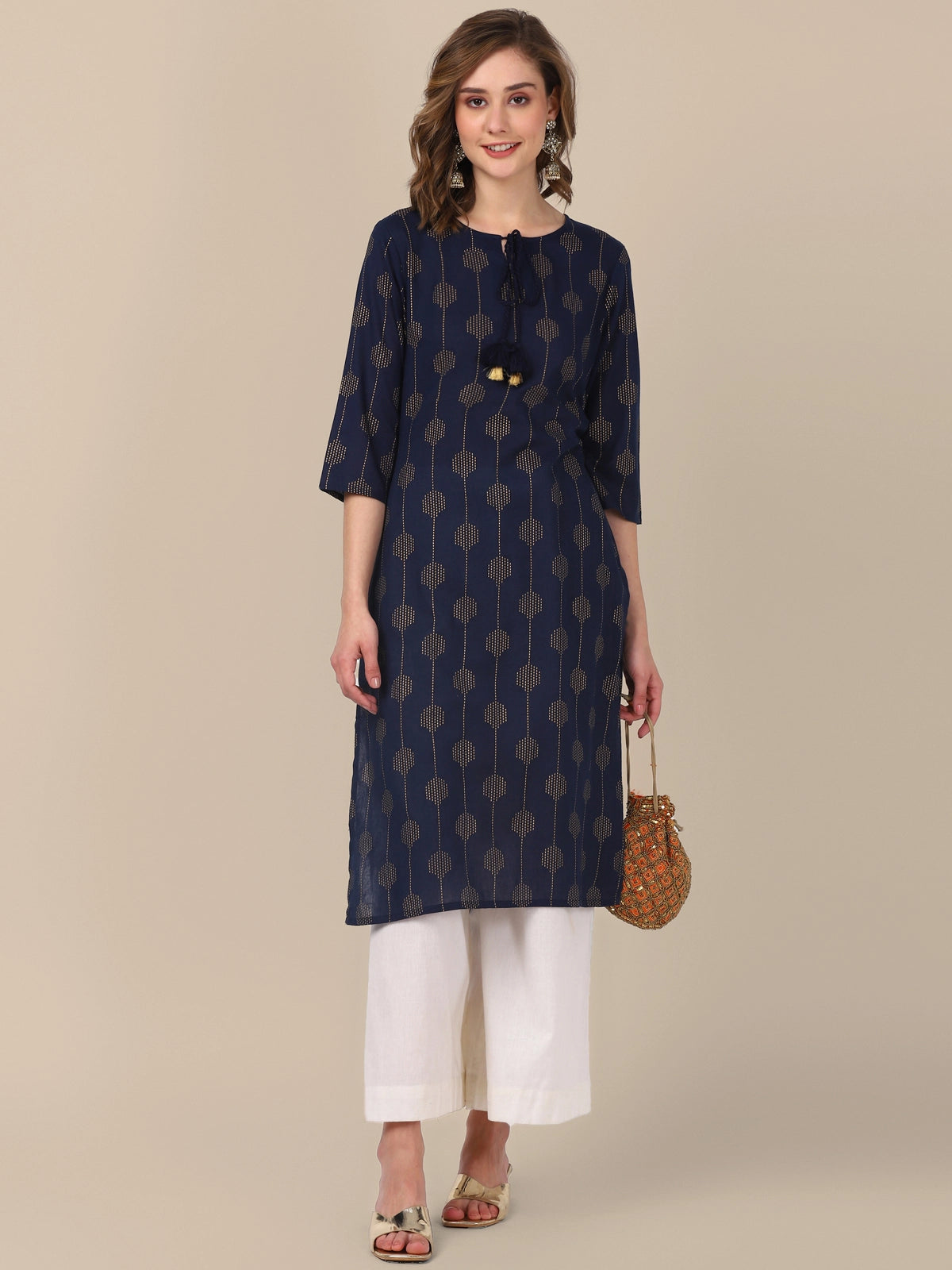 Buy 100% Cotton All Over Gold Printed Calf Length Straight Kurta-Navy Blue