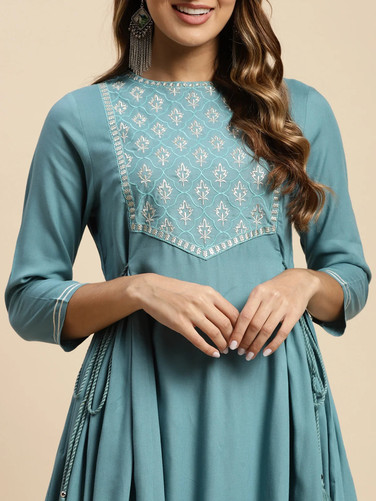 Buy Rayon Yoke Zari Embroidered Calf Length Flared Kurta With Side Tie Up-Teal