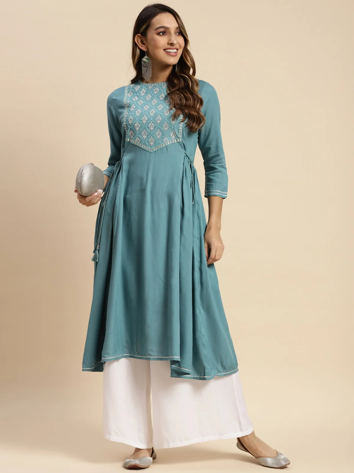 Buy Rayon Yoke Zari Embroidered Calf Length Flared Kurta With Side Tie Up-Teal