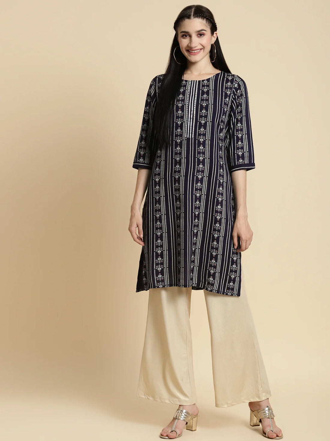 Buy Rayon Gota Lace At Placket Knee Length Straight Kurta-Navy Blue