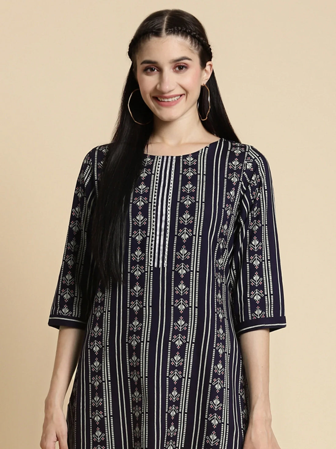 Buy Rayon Gota Lace At Placket Knee Length Straight Kurta-Navy Blue