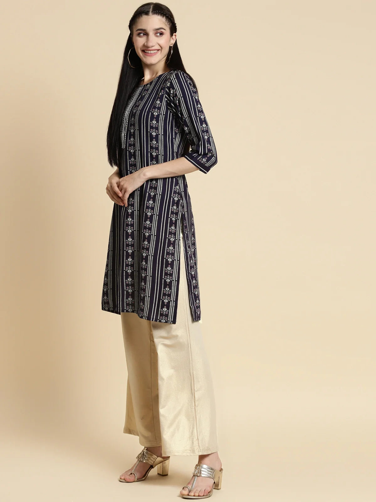 Buy Rayon Gota Lace At Placket Knee Length Straight Kurta-Navy Blue