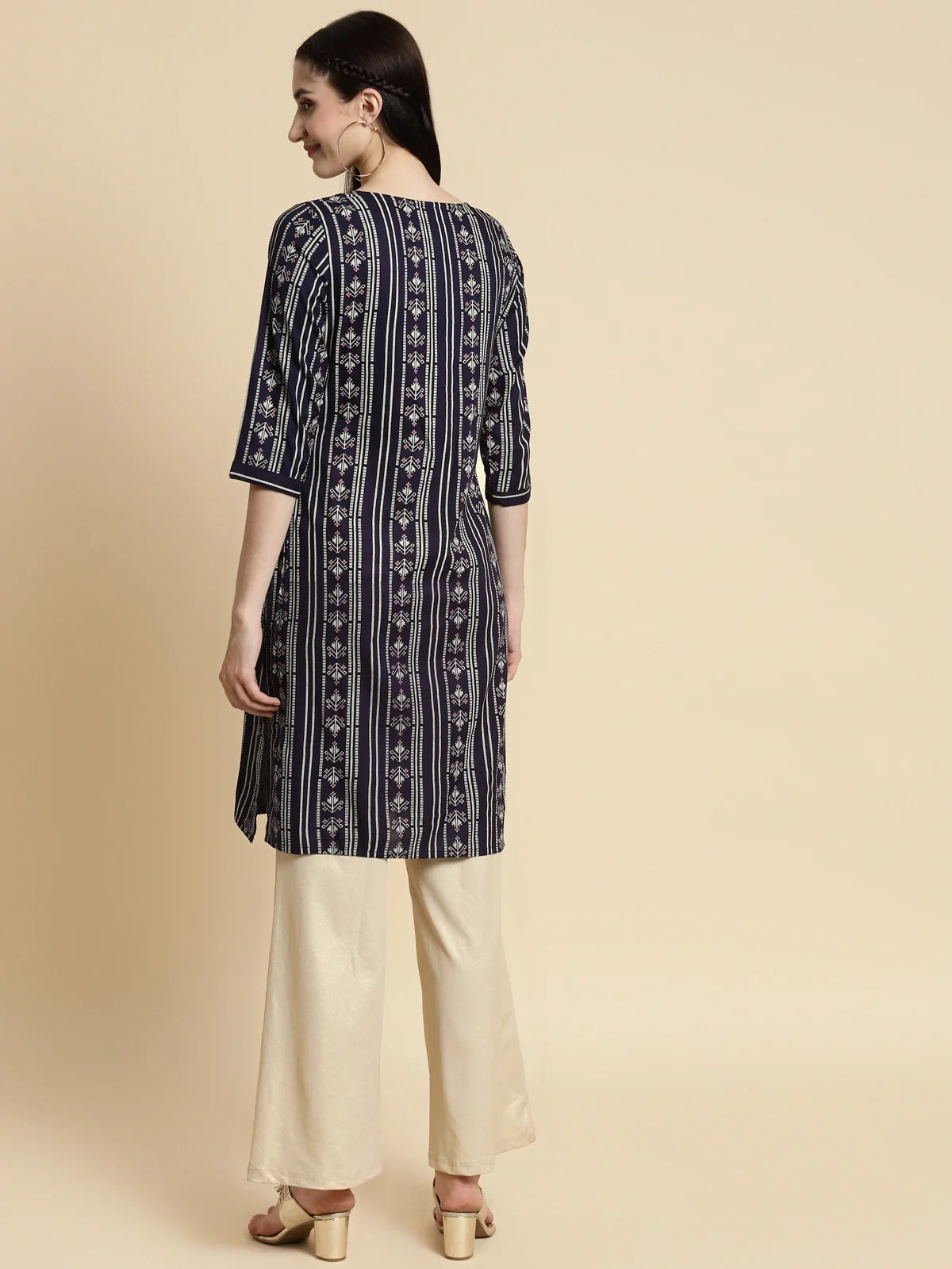 Buy Rayon Gota Lace At Placket Knee Length Straight Kurta-Navy Blue