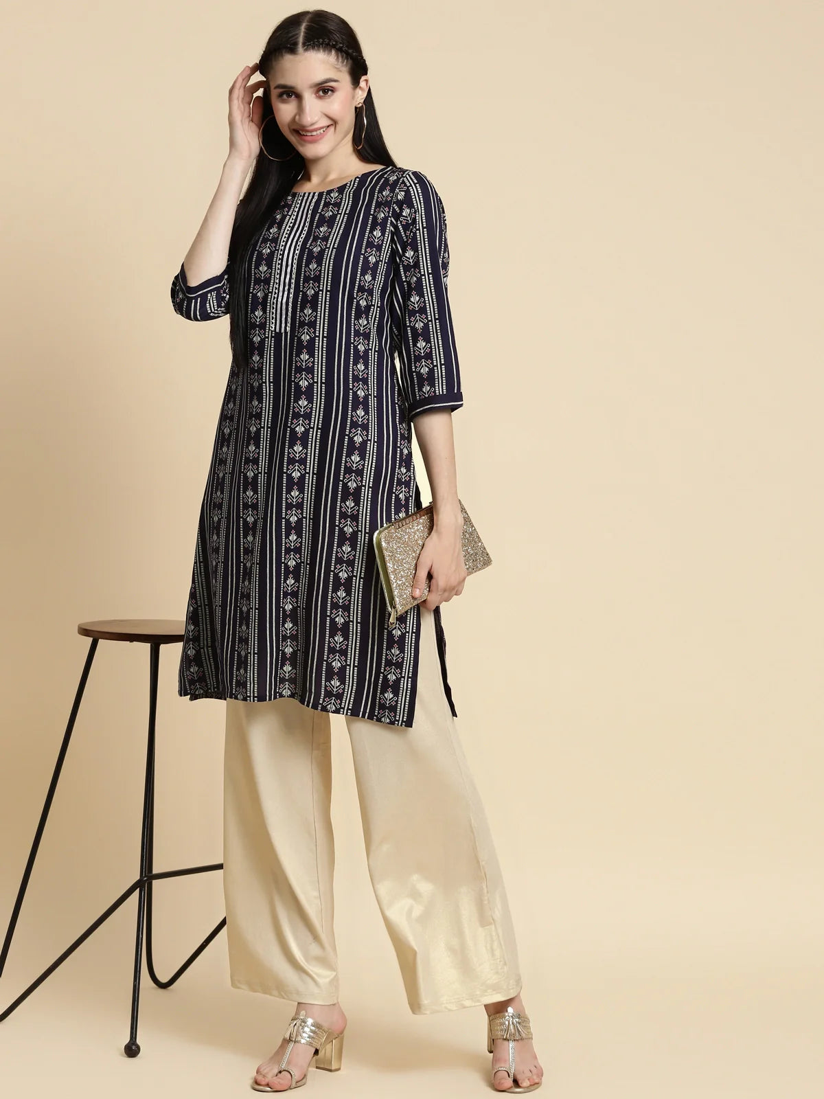 Buy Rayon Gota Lace At Placket Knee Length Straight Kurta-Navy Blue