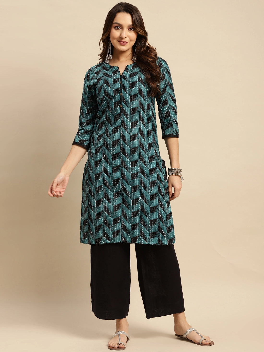 Buy 100% Cotton Geometric Printed Knee Length Straight Kurta-Blue