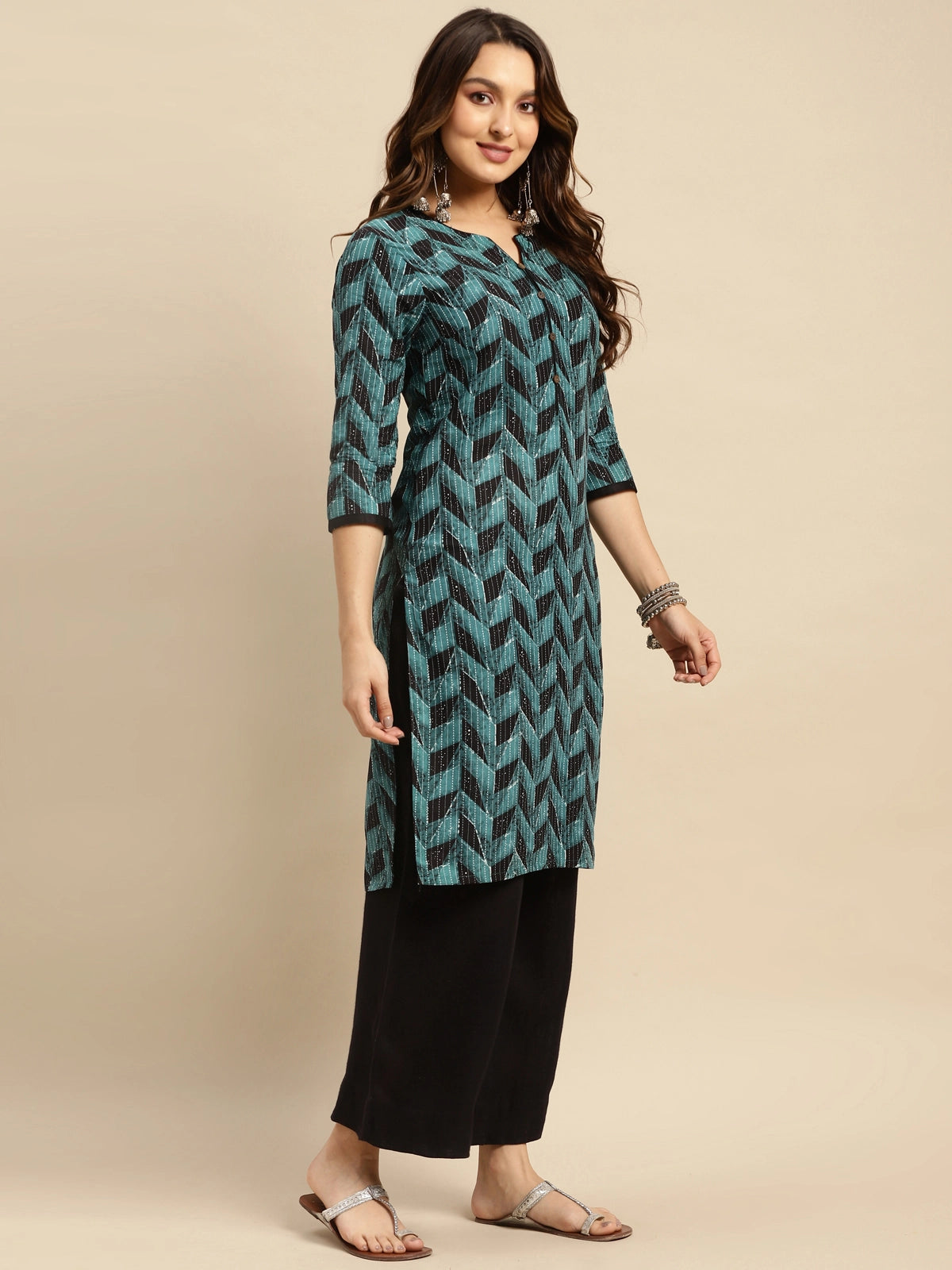 Buy 100% Cotton Geometric Printed Knee Length Straight Kurta-Blue