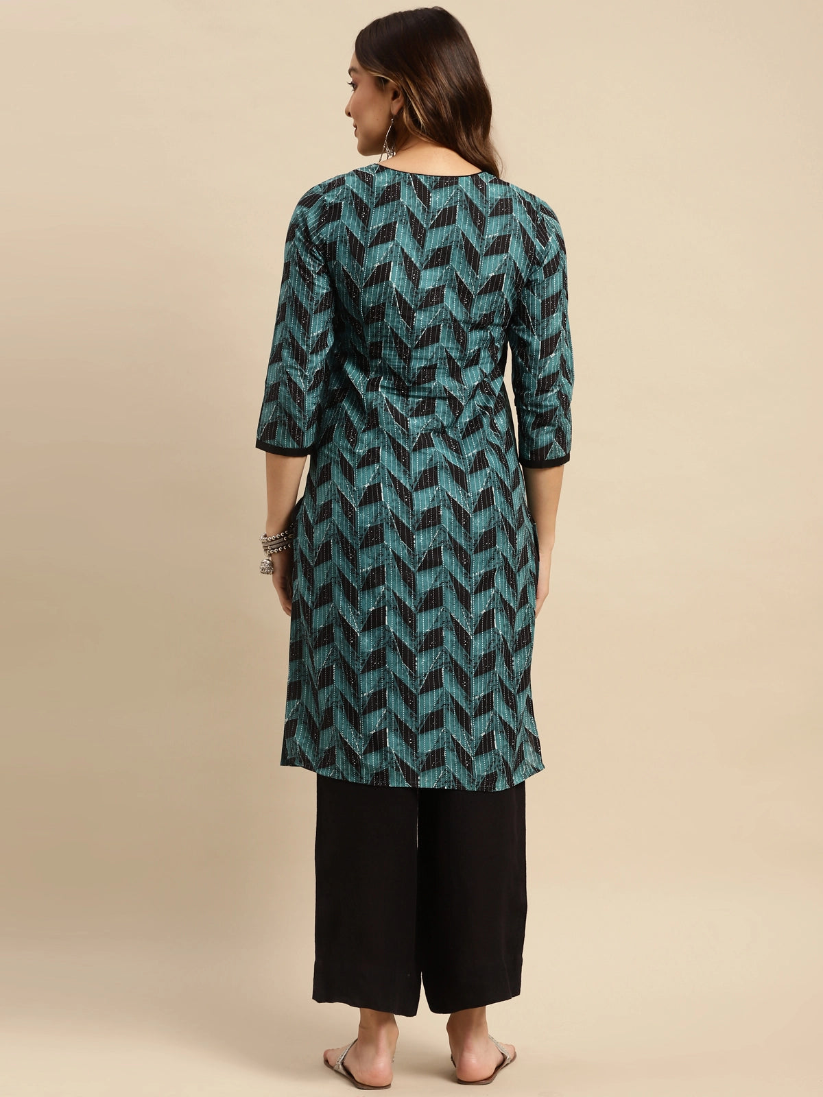 Buy 100% Cotton Geometric Printed Knee Length Straight Kurta-Blue