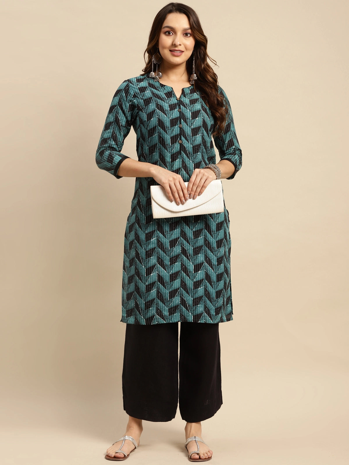 Buy 100% Cotton Geometric Printed Knee Length Straight Kurta-Blue