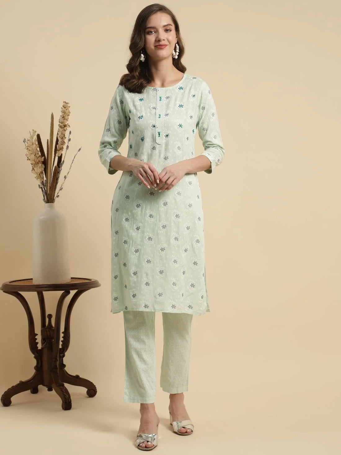 Buy Rayon Embroidered Knee Length Straight Kurta With Pant-Green