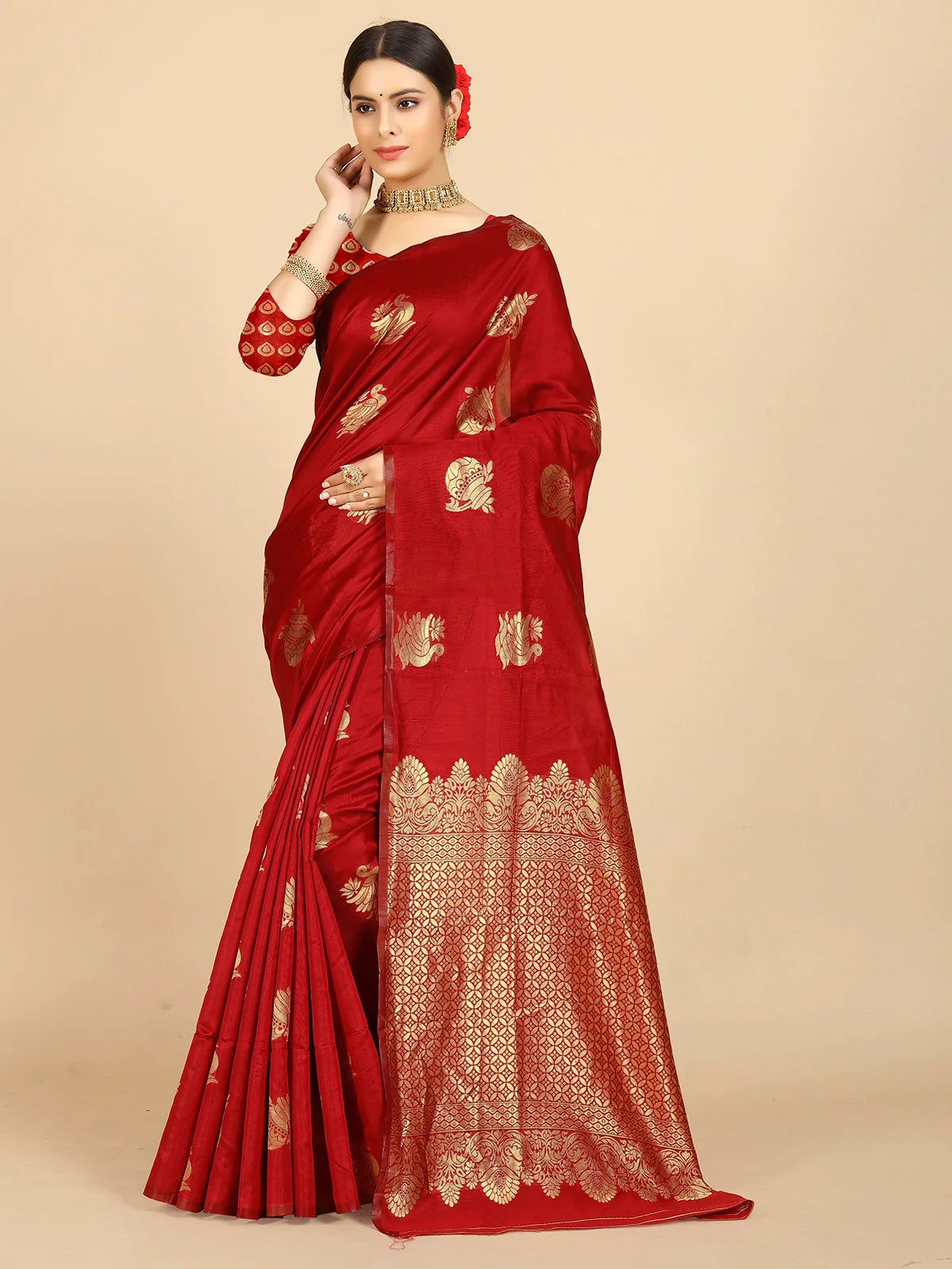 Buy Banarasi Silk Jacquard Saree With Blouse Piece-Red