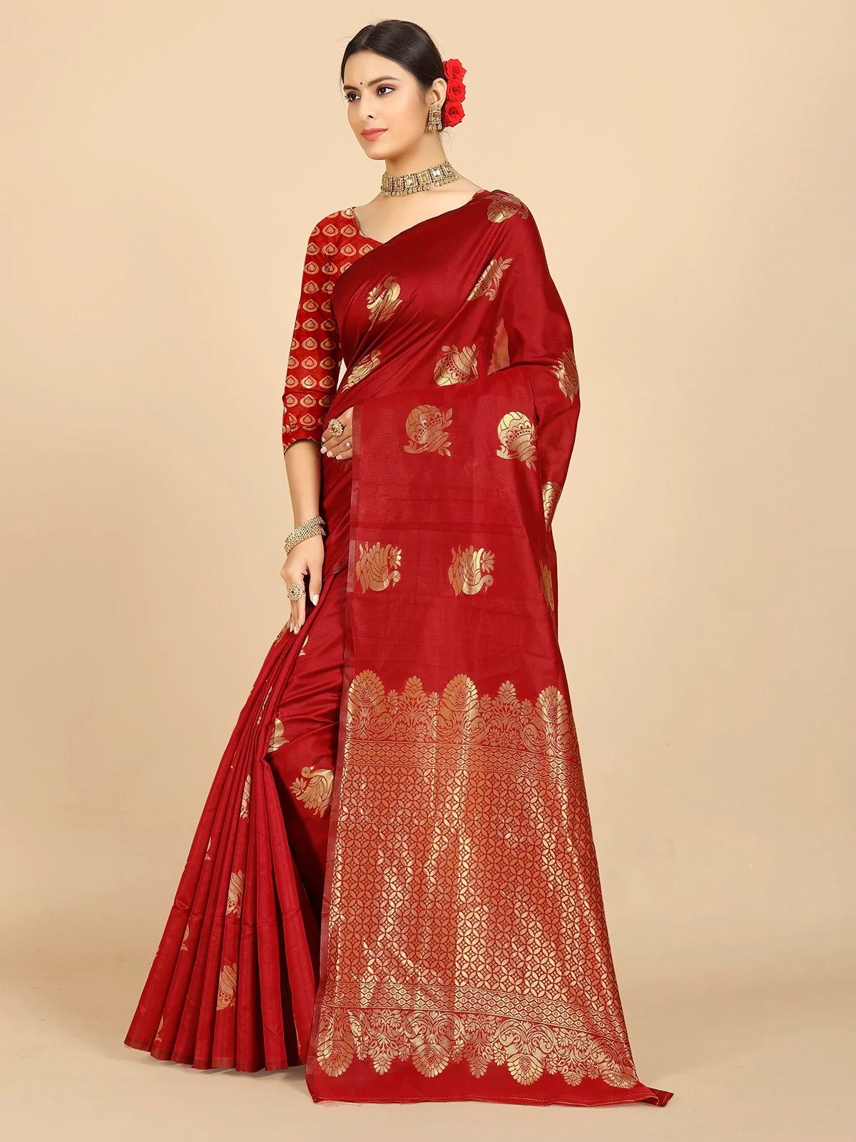 Buy Banarasi Silk Jacquard Saree With Blouse Piece-Red