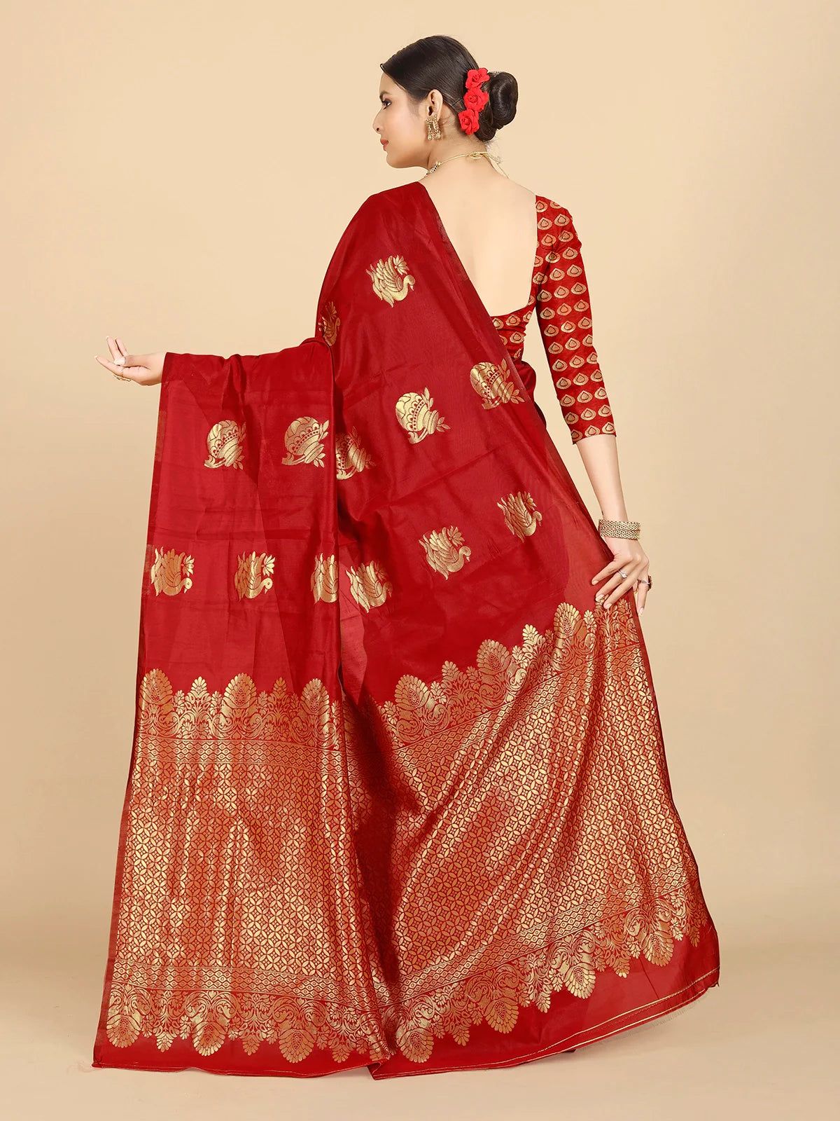 Buy Banarasi Silk Jacquard Saree With Blouse Piece-Red